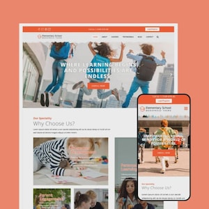 Puede incluir: Diseño de sitio web para una escuela primaria, que se muestra en un ordenador de sobremesa y un teléfono móvil. El sitio web presenta un esquema de color naranja y blanco, con imágenes de niños y el texto "WHERE LEARNING BEGINS AND POSSIBILITIES ARE ENDLESS."