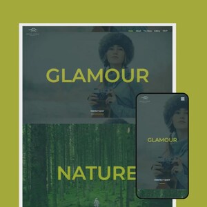 May include: A website design mockup showing a desktop and mobile view. The desktop view features a photo with the word "GLAMOUR" in yellow text. The mobile view also displays the word "GLAMOUR". The bottom of the desktop view shows a forest scene with the word "NATURE".
