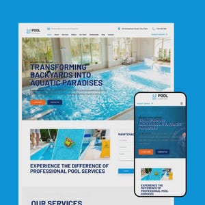May include: A website and a smartphone display the same content. The website features a large image of a pool and the text "Transforming Backyards into Aquatic Paradises." The smartphone shows the same text and a smaller image of a pool.