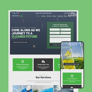 May include: A website design for an electrician company, featuring a desktop and mobile view. The website has a green and white color scheme with text that reads "COME ALONG AS WE JOURNEY TO A CLEANER FUTURE."