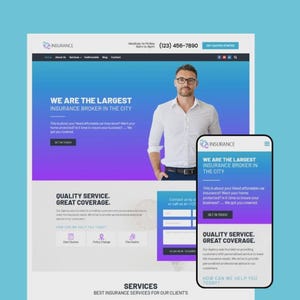 May include: A website design for an insurance company, shown on a desktop and a mobile phone. The website features a gradient background, a man in a white shirt, and the text "WE ARE THE LARGEST INSURANCE BROKER IN THE CITY."