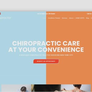 Puede incluir: Dise&ntilde;o web para una consulta de quiropr&aacute;ctica. El sitio presenta un dise&ntilde;o de pantalla dividida con un fondo azul claro y naranja. El texto dice "Cuidado quiropr&aacute;ctico a su conveniencia" con un bot&oacute;n de llamada a la acci&oacute;n.
