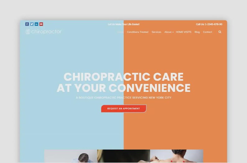 Puede incluir: Dise&ntilde;o web para una consulta de quiropr&aacute;ctica. El sitio presenta un dise&ntilde;o de pantalla dividida con un fondo azul claro y naranja. El texto dice "Cuidado quiropr&aacute;ctico a su conveniencia" con un bot&oacute;n de llamada a la acci&oacute;n.