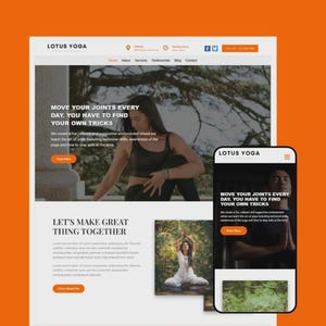 May include: A website design for Lotus Yoga, featuring a desktop and mobile view. The desktop version shows a woman in a yoga pose with the text "MOVE YOUR JOINTS EVERY DAY. YOU HAVE TO FIND YOUR OWN TRICKS." The mobile version displays the same text.
