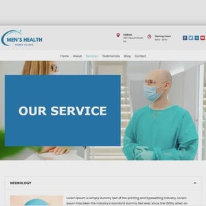 Puede incluir: Captura de pantalla de un sitio web para Men's Health Home Clinic. El sitio presenta una pancarta azul con el texto "OUR SERVICE". Se ve a un hombre con mascarilla quir&uacute;rgica y bata. El encabezado del sitio web incluye el logotipo y la informaci&oacute;n de contacto de la cl&iacute;nica.