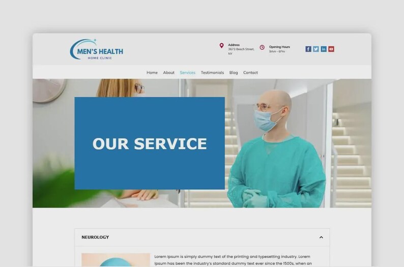Puede incluir: Captura de pantalla de un sitio web para Men's Health Home Clinic. El sitio presenta una pancarta azul con el texto "OUR SERVICE". Se ve a un hombre con mascarilla quir&uacute;rgica y bata. El encabezado del sitio web incluye el logotipo y la informaci&oacute;n de contacto de la cl&iacute;nica.