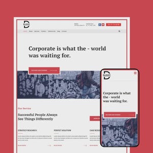 Op de afbeelding: Een website-ontwerp met een rood en wit kleurenschema, met de tekst "Corporate is what the - world was waiting for." Een mobiele telefoon toont hetzelfde website-ontwerp. Het logo van de website is "ELIGHT."