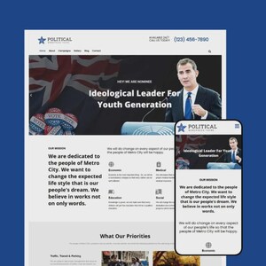Peut inclure: Conception de site web pour une campagne politique, présentée sur un ordinateur de bureau et un téléphone portable. Le site comprend une photo d'un homme en costume, le texte "Ideological Leader For Youth Generation" et une déclaration de mission. Le design utilise le bleu et le blanc.