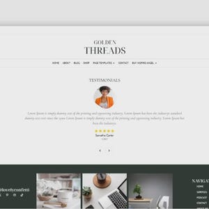 Puede incluir: Maqueta de sitio web con el texto "GOLDEN THREADS" en la parte superior. El sitio presenta enlaces de navegaci&oacute;n, una secci&oacute;n de testimonios con una foto y un pie de p&aacute;gina con enlaces de redes sociales y un men&uacute; de navegaci&oacute;n. La combinaci&oacute;n de colores es principalmente blanca y verde oscuro.