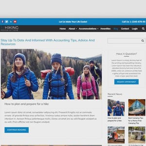 May include: Website screenshot with a blue header and a featured image of hikers in the mountains. The website's headline reads, "Stay Up To Date And Informed With Accounting Tips, Advice And Resources."