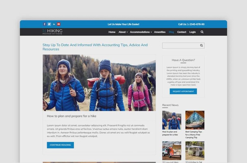 May include: Website screenshot with a blue header and a featured image of hikers in the mountains. The website's headline reads, "Stay Up To Date And Informed With Accounting Tips, Advice And Resources."