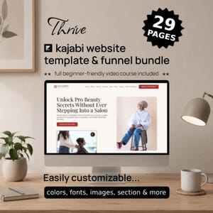 Op de afbeelding: Een digitaal product met een Kajabi-websitetemplate en funnelbundel van 29 pagina's. Het scherm toont een landingspagina met een schoonheidsthema en de tekst Unlock Pro Beauty Secrets Without Ever Stepping Into a Salon.