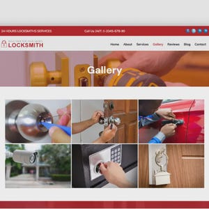 Op de afbeelding: Schermafbeelding van een website voor een slotenmakersbedrijf. De website heeft een rode header en footer met de bedrijfsnaam en contactgegevens. Het hoofdgedeelte toont een galerij met afbeeldingen met betrekking tot slotenmakersdiensten.