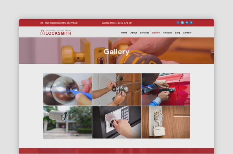 Op de afbeelding: Schermafbeelding van een website voor een slotenmakersbedrijf. De website heeft een rode header en footer met de bedrijfsnaam en contactgegevens. Het hoofdgedeelte toont een galerij met afbeeldingen met betrekking tot slotenmakersdiensten.