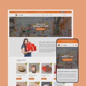 Könnte beinhalten: Ein Screenshot einer Website und eines Mobiltelefons, die den Metro City Gift Shop zeigen. Die Website zeigt eine Frau, die rote Geschenkboxen hält, mit dem Text "Spezielle Geschenke ab 10 $". Vorgestellte Produkte werden unten angezeigt.