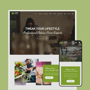 Puede incluir: Diseño de sitio web con un esquema de color verde y blanco, con el texto "LOSE WEIGHT" y "TWEAK YOUR LIFESTYLE Professional Advice From Experts". El diseño incluye una vista de escritorio y móvil, con imágenes de comida saludable y ejercicio.