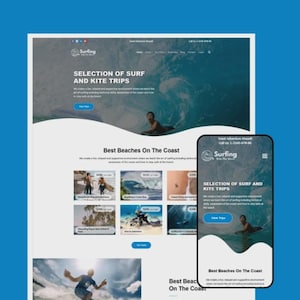 K&ouml;nnte beinhalten: Webdesign f&uuml;r ein Surf- und Kitesurf-Reiseunternehmen. Das Design zeigt eine Desktop- und eine mobile Ansicht mit dem Firmenlogo "Selection of Surf and Kite Trips" und Bildern vom Surfen. Das Farbschema ist blau und wei&szlig;.