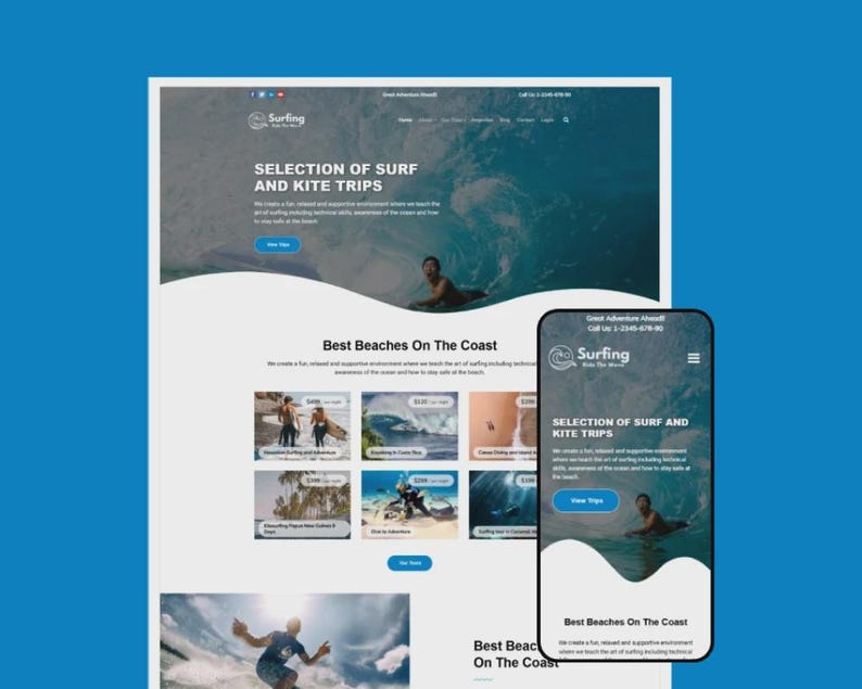 K&ouml;nnte beinhalten: Webdesign f&uuml;r ein Surf- und Kitesurf-Reiseunternehmen. Das Design zeigt eine Desktop- und eine mobile Ansicht mit dem Firmenlogo "Selection of Surf and Kite Trips" und Bildern vom Surfen. Das Farbschema ist blau und wei&szlig;.