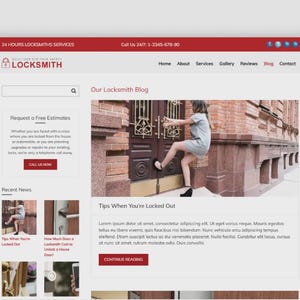 Op de afbeelding: Schermafbeelding van een website voor een slotenmakersbedrijf. De bovenste banner is rood met witte tekst met "24 HOURS LOCKSMITHS SERVICES" en een telefoonnummer. De website bevat een blogpost met de titel "Tips When You're Locked Out."