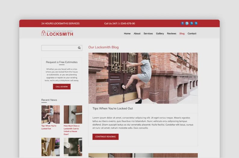 Op de afbeelding: Schermafbeelding van een website voor een slotenmakersbedrijf. De bovenste banner is rood met witte tekst met "24 HOURS LOCKSMITHS SERVICES" en een telefoonnummer. De website bevat een blogpost met de titel "Tips When You're Locked Out."