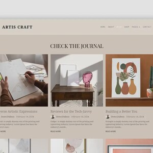 Puede incluir: Interfaz de un sitio web con el texto "ARTIS CRAFT" en la parte superior. La p&aacute;gina presenta tres bloques de im&aacute;genes con el t&iacute;tulo "CHECK THE JOURNAL". Las im&aacute;genes incluyen un artista pintando, una naturaleza muerta y una obra de arte abstracta.