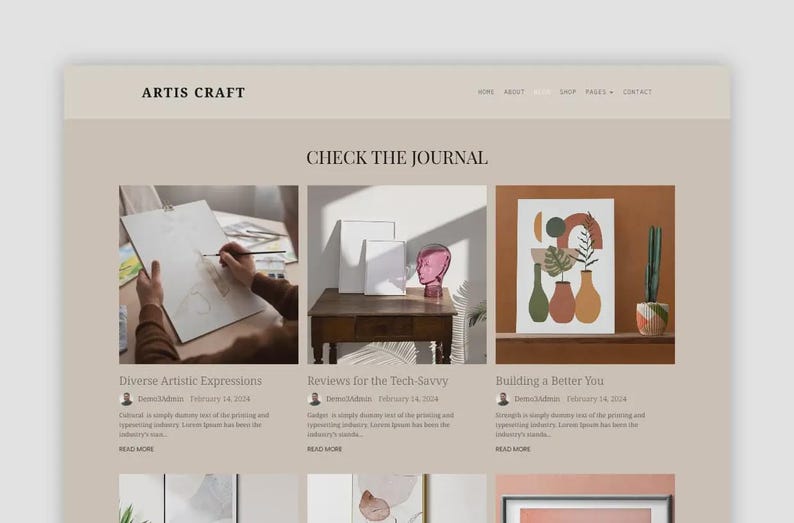 Puede incluir: Interfaz de un sitio web con el texto "ARTIS CRAFT" en la parte superior. La p&aacute;gina presenta tres bloques de im&aacute;genes con el t&iacute;tulo "CHECK THE JOURNAL". Las im&aacute;genes incluyen un artista pintando, una naturaleza muerta y una obra de arte abstracta.