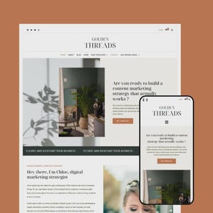 Puede incluir: Un sitio web y un tel&eacute;fono inteligente que muestran el logotipo y el contenido de "Golden Threads". La p&aacute;gina de inicio del sitio web incluye el texto: "&iquest;Est&aacute;s listo para construir una estrategia de marketing de contenidos que realmente funcione?" y "Impulsa y pon en marcha tu negocio."