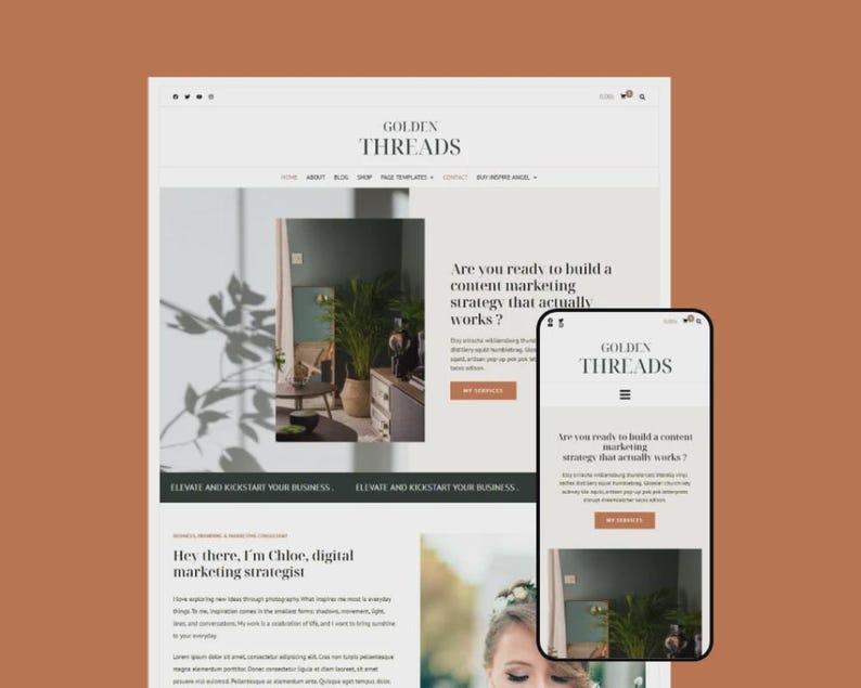 Puede incluir: Un sitio web y un tel&eacute;fono inteligente que muestran el logotipo y el contenido de "Golden Threads". La p&aacute;gina de inicio del sitio web incluye el texto: "&iquest;Est&aacute;s listo para construir una estrategia de marketing de contenidos que realmente funcione?" y "Impulsa y pon en marcha tu negocio."