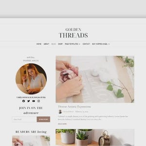 Puede incluir: Una p&aacute;gina de inicio de sitio web con el texto "GOLDEN THREADS" en la parte superior. La p&aacute;gina incluye secciones con im&aacute;genes, texto y un llamado a la acci&oacute;n "JOIN IN ON THE adventure". El dise&ntilde;o es minimalista con una paleta de colores neutros.