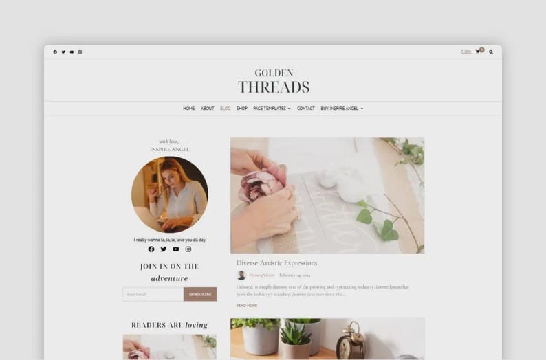 Puede incluir: Una p&aacute;gina de inicio de sitio web con el texto "GOLDEN THREADS" en la parte superior. La p&aacute;gina incluye secciones con im&aacute;genes, texto y un llamado a la acci&oacute;n "JOIN IN ON THE adventure". El dise&ntilde;o es minimalista con una paleta de colores neutros.