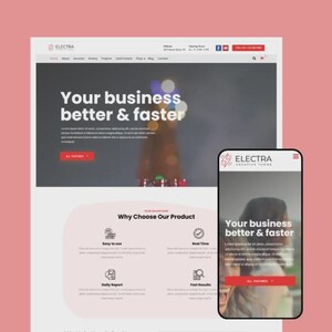 Op de afbeelding: Website-ontwerp weergegeven op een desktopcomputer en een mobiele telefoon. De website bevat de tekst "Your business better & faster" en een rood-wit kleurenschema. Het logo van Electra Creative Theme is ook zichtbaar.