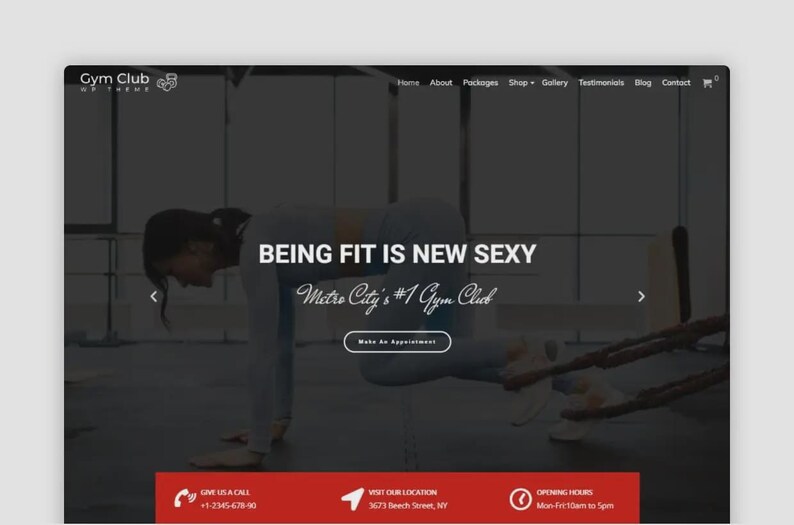 May include: A website design for a gym, featuring a woman in workout attire. The text on the site reads "BEING FIT IS NEW SEXY" and "Metro City's #1 Gym Club." The site includes navigation links and contact information.
