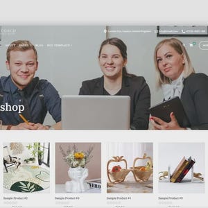May include: A website homepage with three people smiling, the text "Our shop", and product images below. The product images include a rug, a vase with flowers, decorative baskets, and bookends. The website's header includes the text "Business Coach".