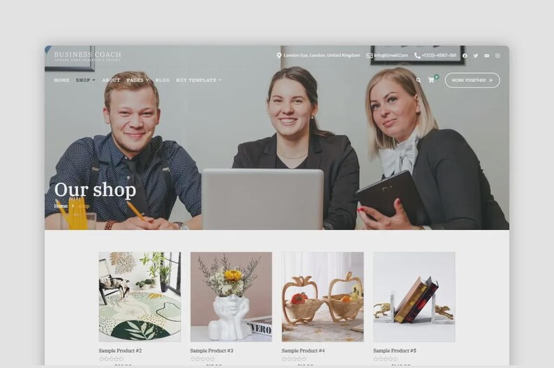 May include: A website homepage with three people smiling, the text "Our shop", and product images below. The product images include a rug, a vase with flowers, decorative baskets, and bookends. The website's header includes the text "Business Coach".