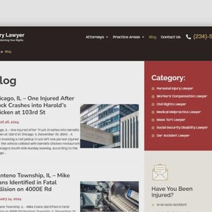 May include: A website screenshot featuring the "Injury Lawyer" logo and blog content. The blog post titles include "One Injured After Truck Crashes" and "Mike Evans Identified in Fatal Collision." Contact information is visible.
