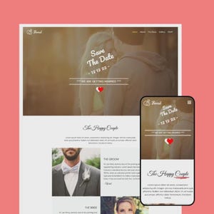 May include: A website design with a wedding theme, featuring the text "Save The Date" and "12 12 22". The design includes a photo of a couple, a heart icon, and the words "The Happy Couple". A mobile version is also displayed.