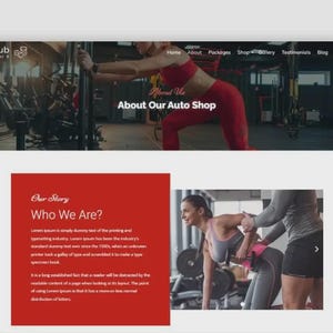 May include: Website design for a gym club, featuring a banner with a woman in red workout attire and the text "About Our Auto Shop." The page includes sections titled "Our Story" and "Who We Are?"
