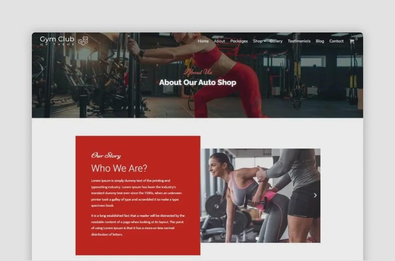 May include: Website design for a gym club, featuring a banner with a woman in red workout attire and the text "About Our Auto Shop." The page includes sections titled "Our Story" and "Who We Are?"