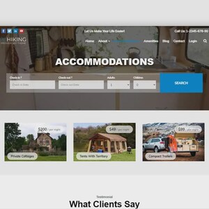May include: A website screenshot with the text "HIKING" and "ACCOMMODATIONS". The page has search fields for check-in and check-out dates, and options for adults and children. Below are images of private cottages, tents, and compact trailers.