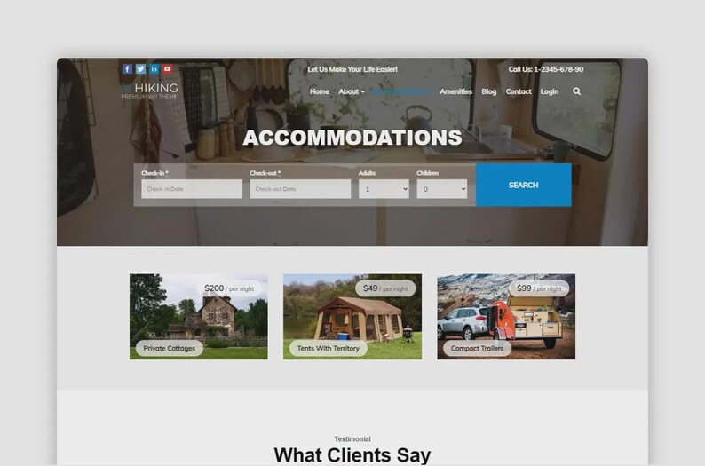 May include: A website screenshot with the text "HIKING" and "ACCOMMODATIONS". The page has search fields for check-in and check-out dates, and options for adults and children. Below are images of private cottages, tents, and compact trailers.