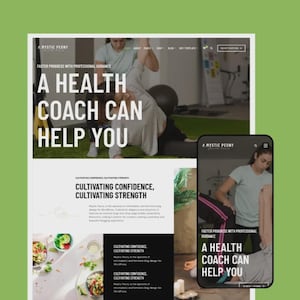 May include: A website design with the text "A Health Coach Can Help You" and "Faster Progress With Professional Guidance." The website features images of people exercising and a mobile phone displaying the same content.