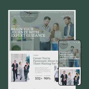 May include: A website design with the text "BEGIN YOUR JOURNEY WITH EXPERT GUIDANCE" and a mobile phone displaying the same text. The design features images of people in business attire and a clock.