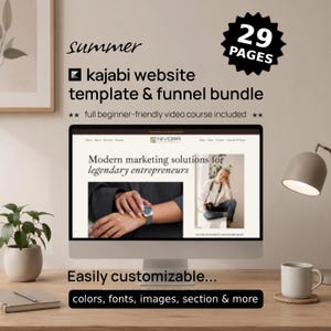 Puede incluir: Un monitor de computadora que muestra una plantilla de sitio web Kajabi de 29 páginas y un paquete de embudos. La pantalla muestra el texto Modern marketing solutions for legendary entrepreneurs, junto con imágenes de una persona con reloj y una con cámara.