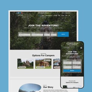 May include: A website design with the word "HIKING" at the top. The main image says "JOIN THE ADVENTURE!" with search fields. Below are options for campers. A mobile phone displays the same information.