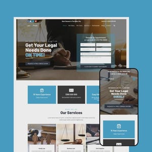 Op de afbeelding: Een website-ontwerp voor een advocatenkantoor, weergegeven op een desktop en een smartphone. De website toont de tekst "Get Your Legal Needs Done ON TIME!" en "Request a Free Consultation."