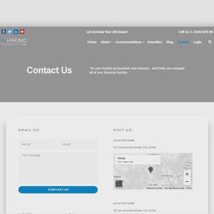 May include: A website interface with a grey header and white content area. The header includes social media icons, a logo, and navigation links. The main content section displays a "Contact Us" form with fields for name, email, and a message, along with a map.