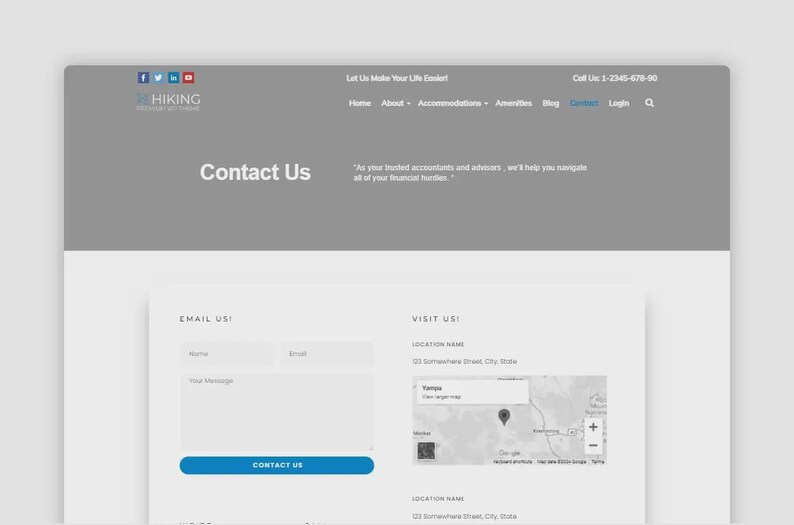 May include: A website interface with a grey header and white content area. The header includes social media icons, a logo, and navigation links. The main content section displays a "Contact Us" form with fields for name, email, and a message, along with a map.
