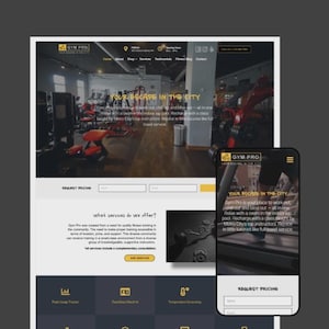 Puede incluir: Diseño de sitio web para Gym Pro, mostrado en escritorio y móvil. La versión de escritorio muestra un interior de gimnasio con equipos de ejercicio. La versión móvil muestra el texto "Your Escape in the City."