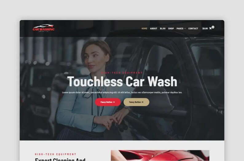 K&ouml;nnte beinhalten: Webdesign f&uuml;r einen Autowaschservice mit einer Frau, die sich an ein Auto lehnt. Die &Uuml;berschrift lautet "Touchless Car Wash" mit roten und beigen Kn&ouml;pfen. Die obere Navigationsleiste enth&auml;lt "Home", "About", "Blog", "Shop", "Pages" und "Contact".
