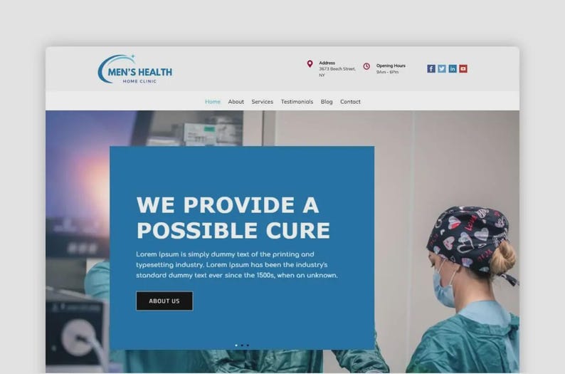 Puede incluir: Captura de pantalla de un sitio web para Men's Health Home Clinic. El sitio presenta una pancarta azul con el texto "WE PROVIDE A POSSIBLE CURE". Una persona con uniforme m&eacute;dico y gorro quir&uacute;rgico es visible en el fondo.